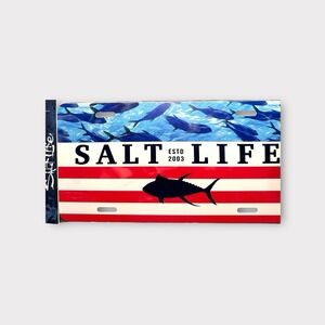 Salt Life Front License Plate Fishing Tuna ESTD 2003 Red White Blue Flag PVC New